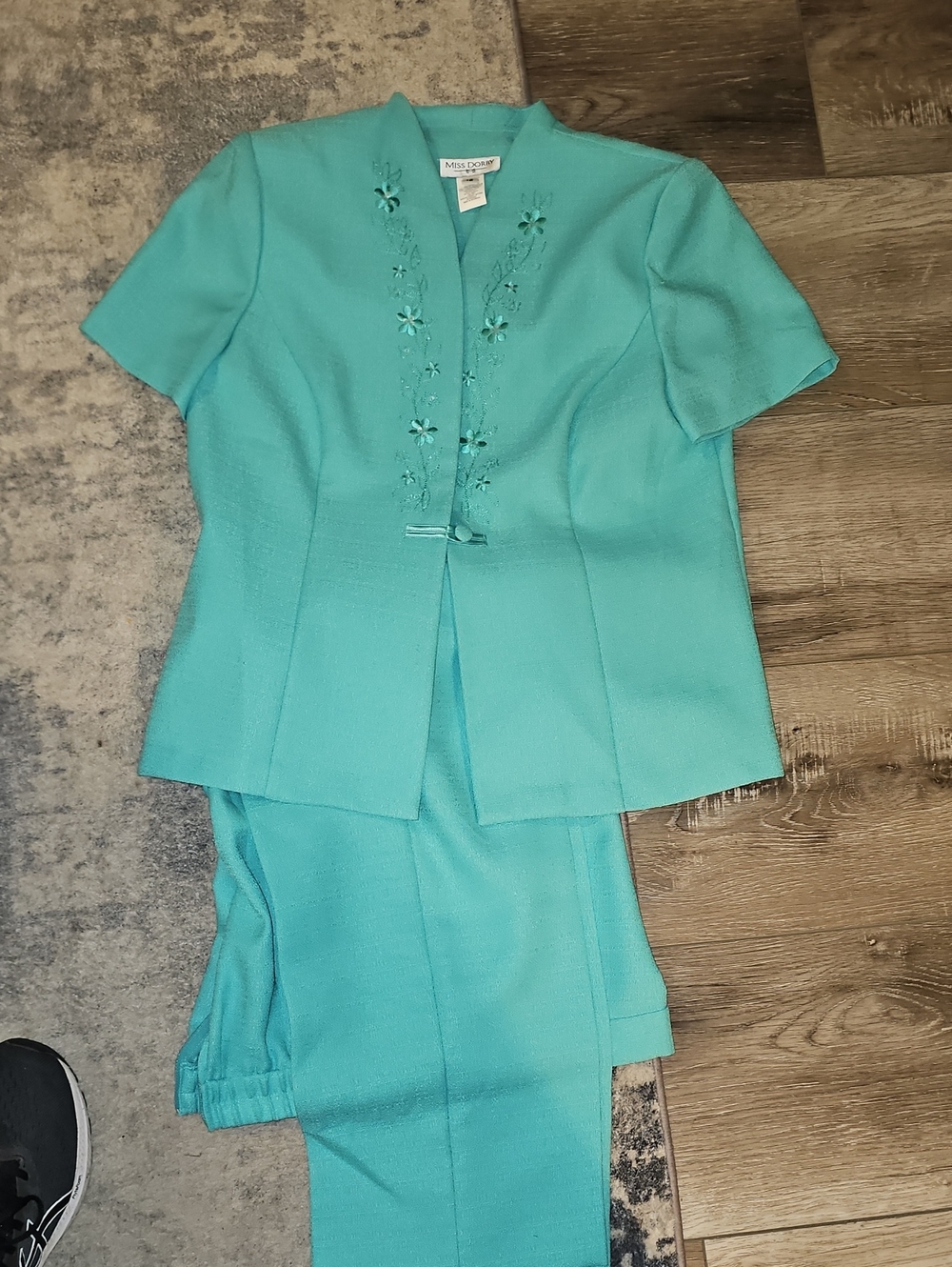 Miss Dorby  3 Piece Aqua Embroidered Short-Sleeve Jacket Blouse & Pants Set